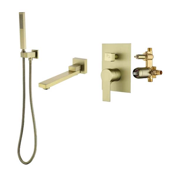 Single-Handle 1.8 GPM Wall Mount Roman Tub Faucet with 7-Spray Hand Shower Brass Bathtub Fillers in Gold