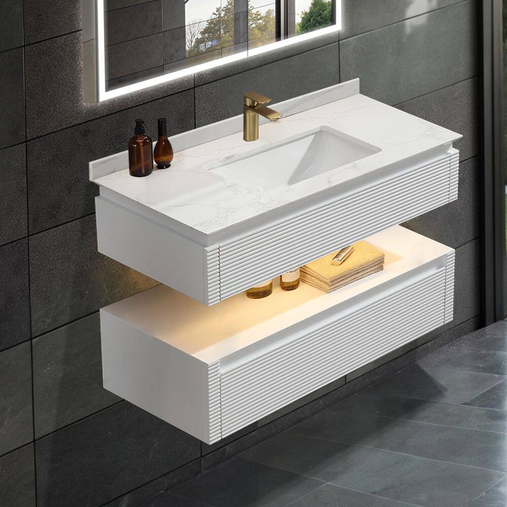 36 in. W x 20.7 in. D x 19.6 in. H Floating Single Sink Solid Oak Bath Vanity in White with White Marble Top and Lights price history on PriceWatchPro