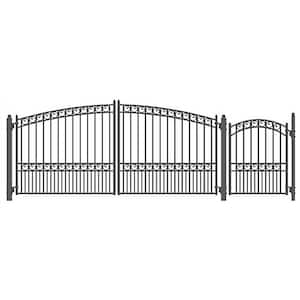 19 ft. x 6 ft. Black Steel Dual Swing Driveway Gate Paris Style 14 ft. with Pedestrian Gate 5 ft. Fence Gate
