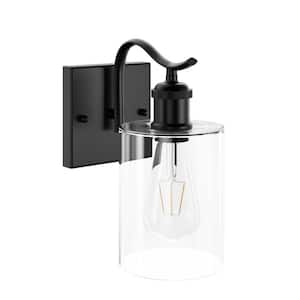 Modern 1-Light Black Cylinder Armed Wall Sconce Lighting with Glass Shade