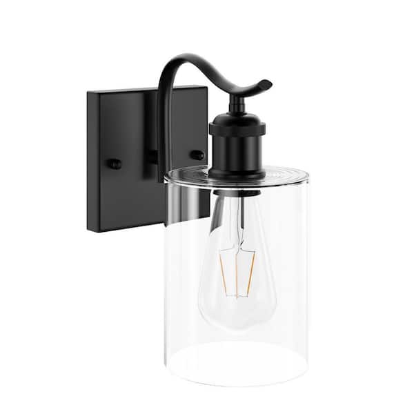 aiwen Modern 1-Light Black Cylinder Armed Wall Sconce Lighting with Glass Shade