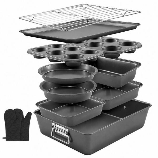 12-Piece Nonstick Bakeware Set, Includes Roasting Pan, Cookie Sheet, Cake Pans, Muffin Pans, Cooling Rack, Oven Mitts