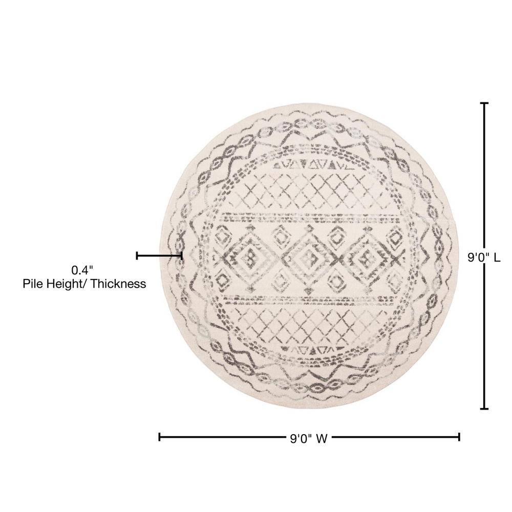 Ivory and Grey Round Synthetic Easy Care Area Rug, 9' x 9'