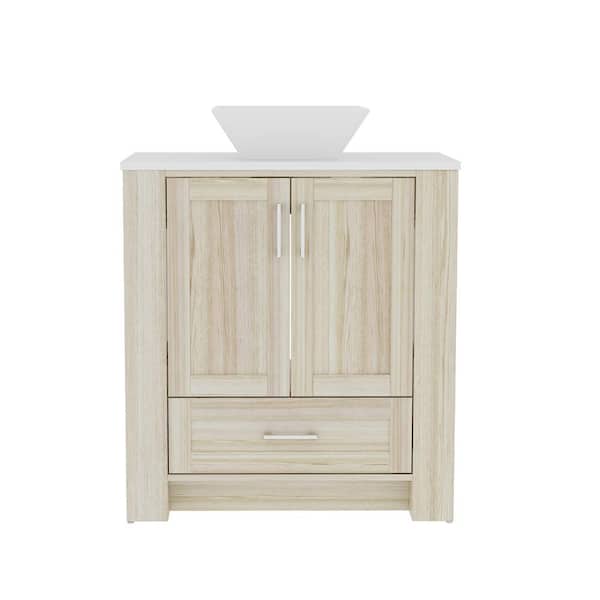 FUFU&GAGA 29.9 in. W x 18.1 in. D x 37 in. H in Wood Grain Wood Ready to Assemble Bath Cabinet with Above Counter Ceramics Sink