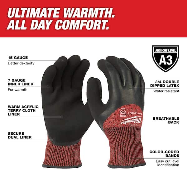 Medium Red Latex Level 3 Cut Resistant Insulated Winter Dipped Work Gloves