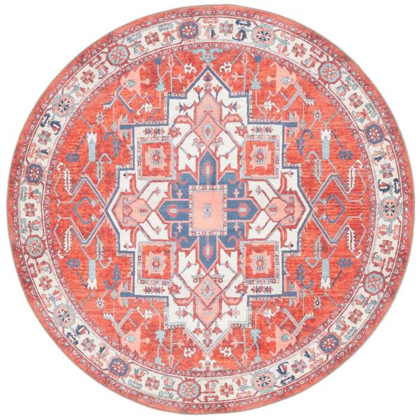 Serapi 7 ft. x 7 ft. Rust/Blue Medallion Washable Round Rug