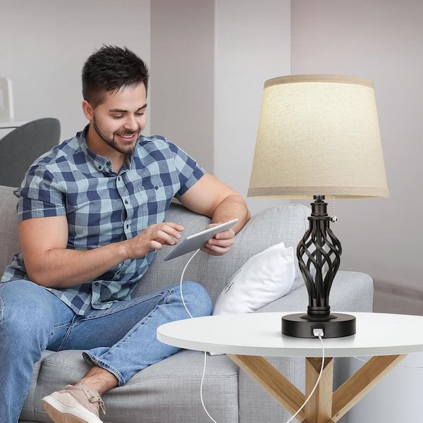 Set Of 2 Rustic Table Lamps With USB & Type-C Ports – Vintage Farmhouse Nightstand Lamps, Hollow-Out Black Metal Design With Nightlight Mode, LED Bulbs Included (Retro Black)