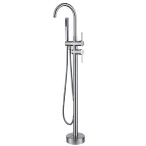 Double-Handle Floor Mounted Claw Foot Freestanding Tub Faucet in Brushed Nickel