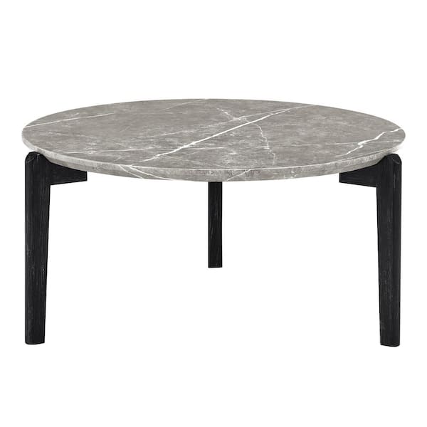 Tenleaf 36 in. Black and Gray Solid Wood Round Outdoor Coffee Table with Imitation Marble Tabletop