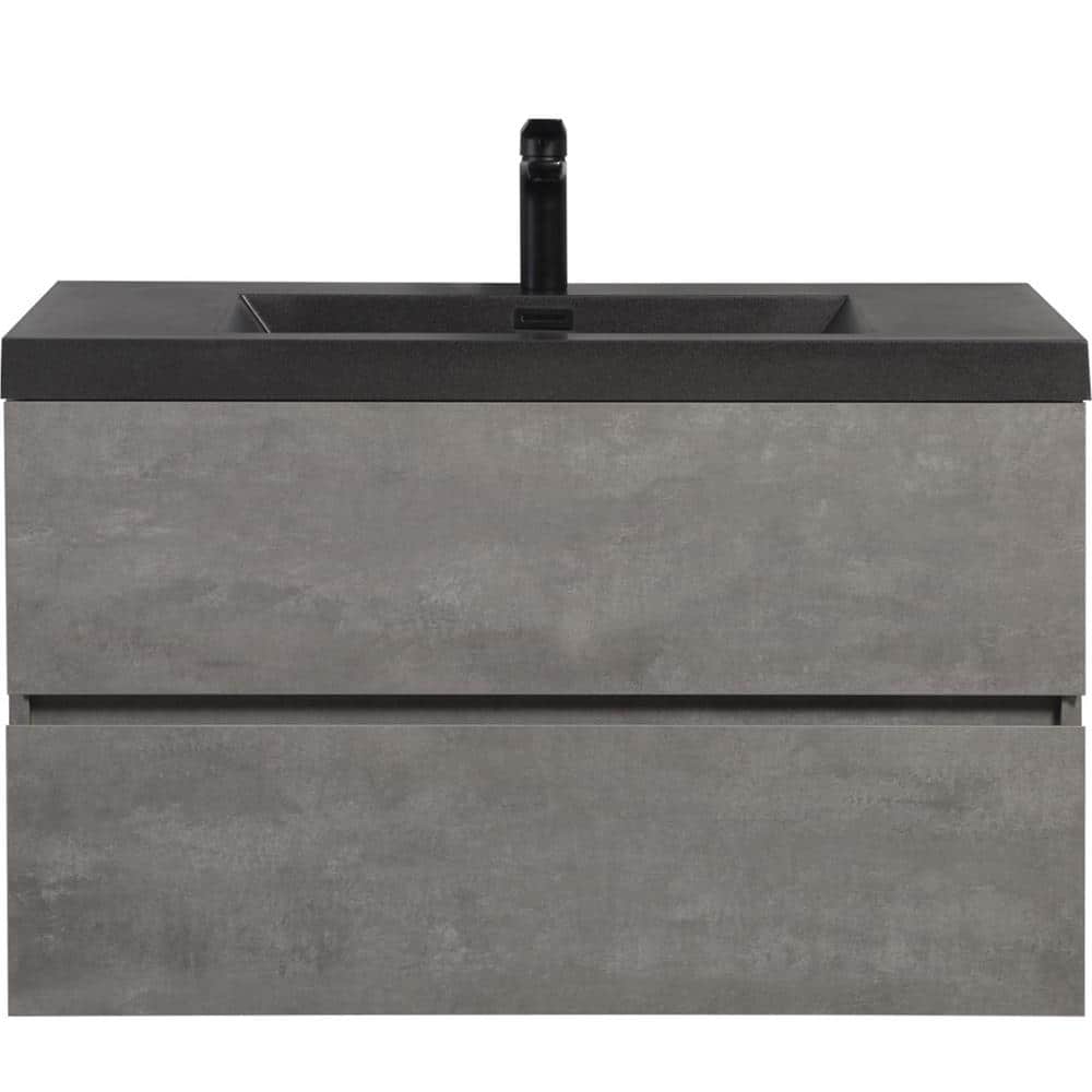 36 in. Wall-Mounted Grey Bath Vanity with Black Solid Surface Top Unassembl