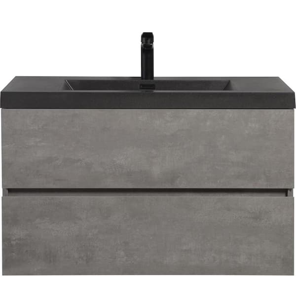 Unbranded 36 in. Wall-Mounted Grey Bath Vanity with Black Solid Surface Top Unassembled