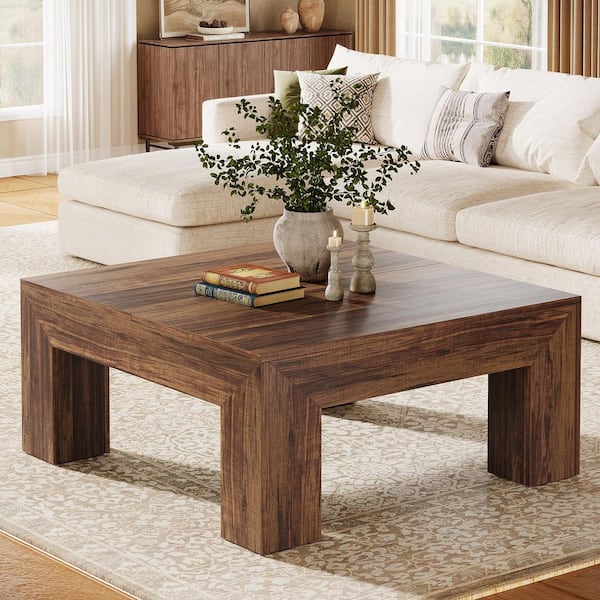 Allan 39.4 in. Dark Brown Square Wood Coffee Table with Sturdy Wooden Legs