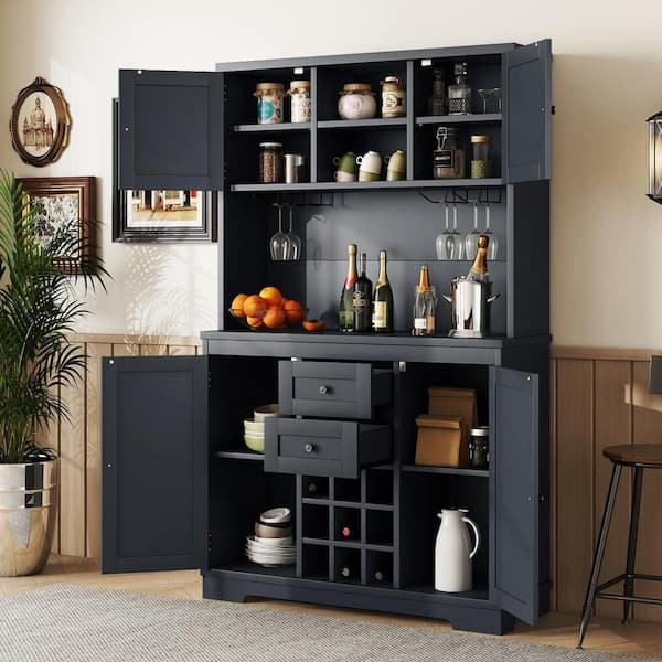 Farmhouse Antique Blue 9-Bottle Bar Cabinet with Glass Racks, Wood 47.32 in. W Buffet with Wine Storage