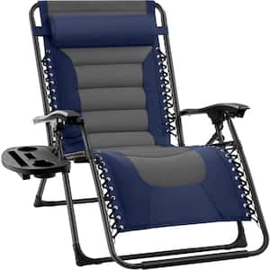 Oversized Padded Zero Gravity Navy/Gray Metal Reclining Outdoor Lawn Chair w/Side Tray
