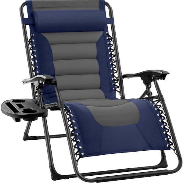 Best Choice Products Oversized Padded Zero Gravity Navy/Gray Metal Reclining Outdoor Lawn Chair w/Side Tray