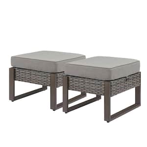 Rectangular Framed 2-Pack Wicker Outdoor Ottoman Steel Frame Footstool with Removable Gray Cushions