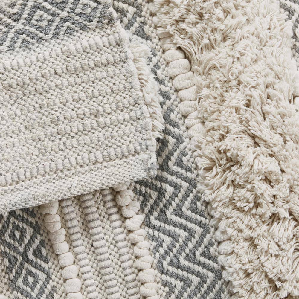 Nordic Shaggy Grey and Beige Patterned Bathroom Rug