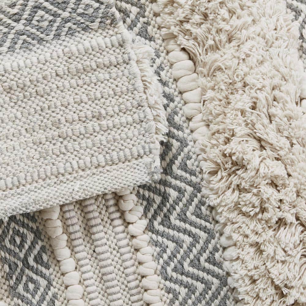 Asher Natural and Gray Cotton Blend Striped Bath Rug