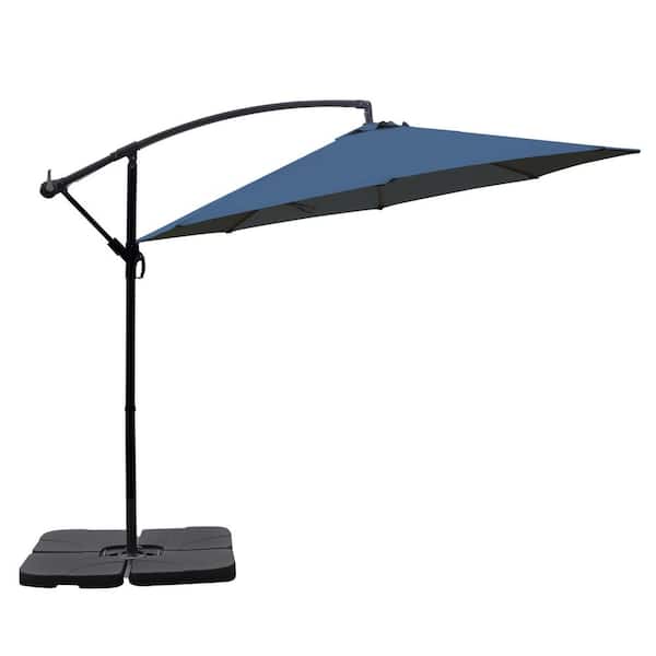 10 ft. Steel Cantilever Offset Patio Umbrella in Blue with Crank and Base