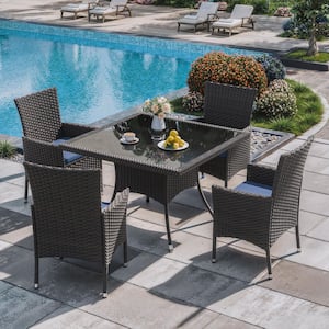 Brown 5-Piece Wicker Outdoor Dining Set with Glass Tabletop, Umbrella Hole and NavyBlue Cushion, Patio, Indoor, Backyard