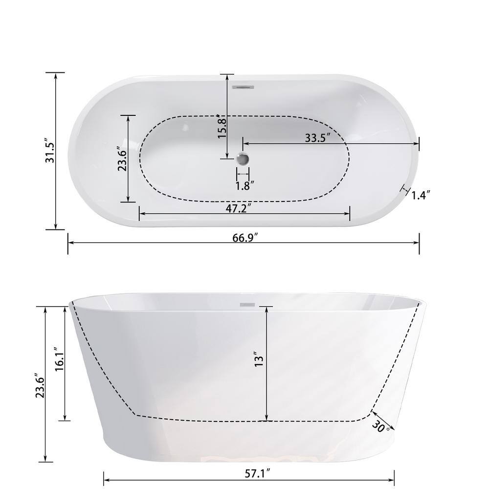 67'' Glossy White Acrylic Freestanding Oval Bathtub with Center Drain