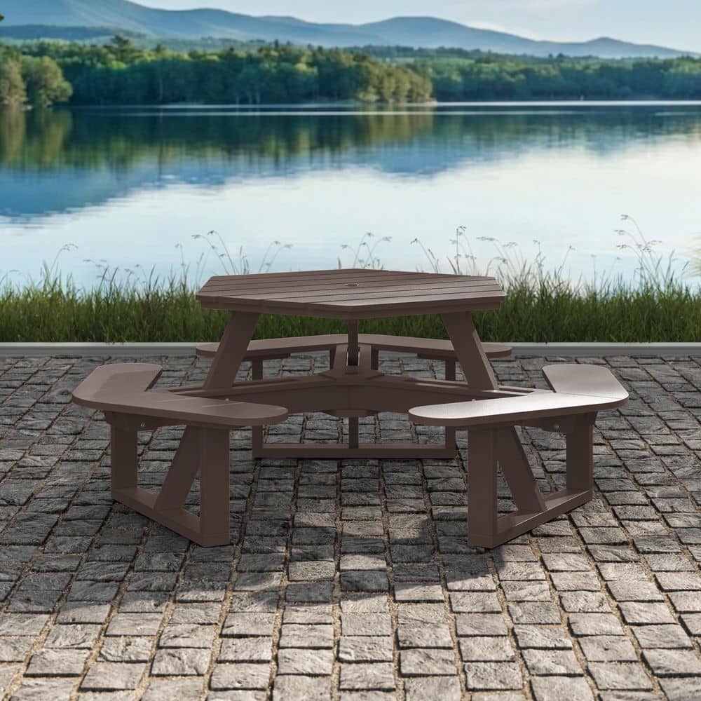 Shoreline 74 in. Mangrove Brown Hexagon HDPE Plastic Picnic Table Seats 6 People with Umbrella Hole price history on PriceWatchPro