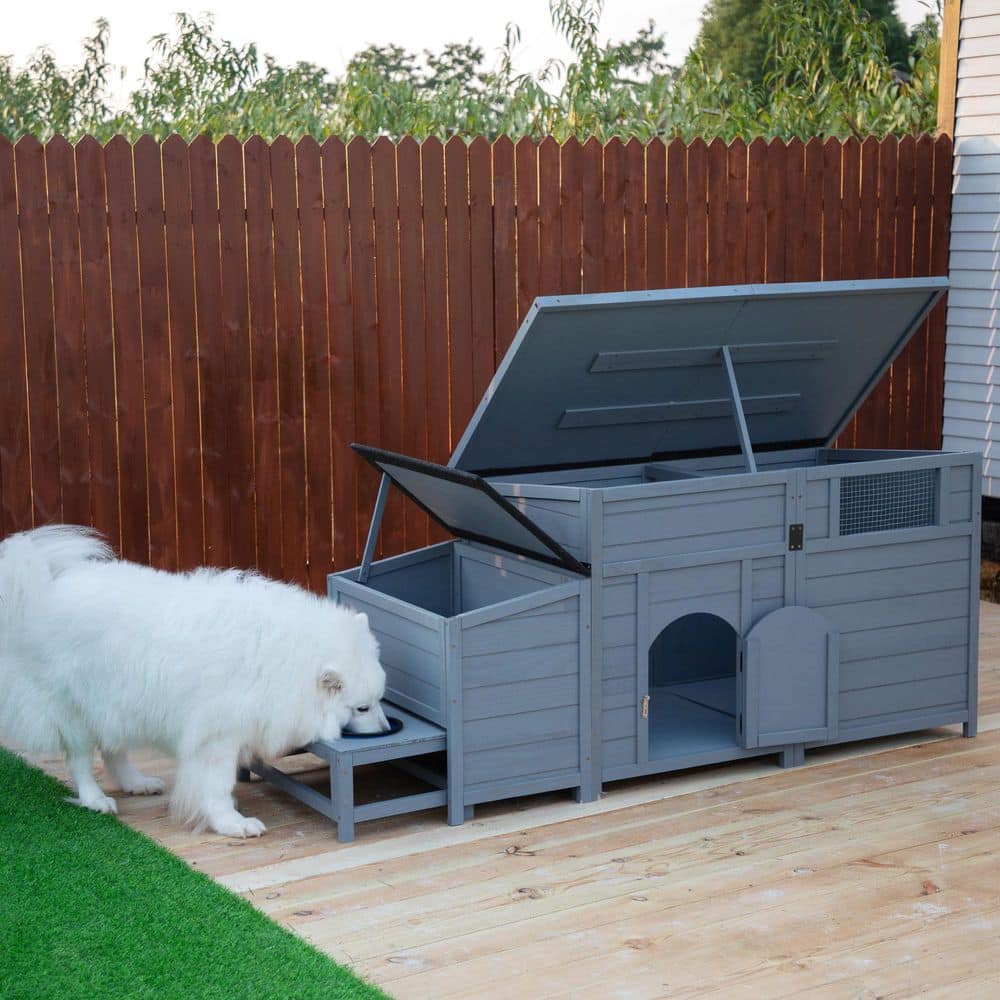 Large Gray Pinewood Outdoor Dog House with Feeding Bowls