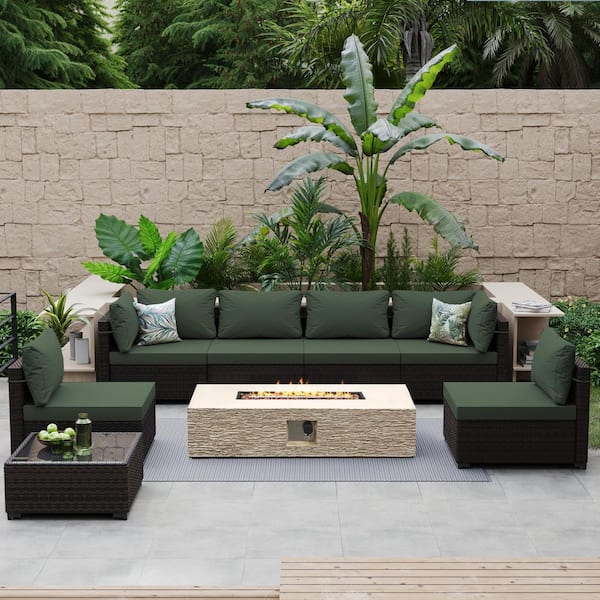 PATIO WATCHER 8-Piece Wicker Patio Conversation Set with Cushions and 56 in. Outdoor Rectangle Fire Pit Table, Pine Green Cushions