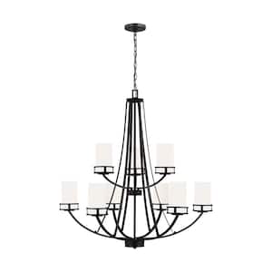 Robie 9-Light Midnight Craftsman Transitional Empire Chandelier with Etched White Inside Glass Shades and LED Bulbs