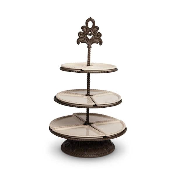 Unbranded 16 in. Dia x 26.25 in. H 3-Tiered Server-Cream Ceramic with Metal Base-Baroque