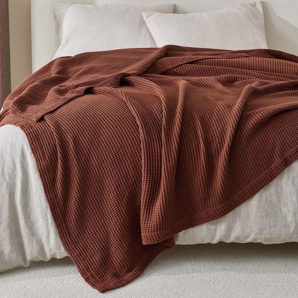 FRESHFOLDS Cacao Brown 100% Cotton Cacao Brown Waffle Weave Throw Blanket