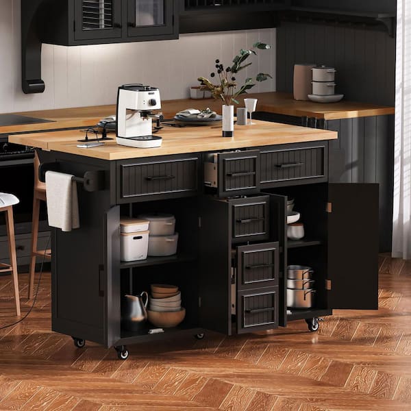 Coastal Wood Black 56.5 in. Embossed Vertical Stripe Power Outlet Drop Leaf Rolling Kitchen Island with 4-Door