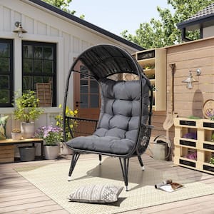 Dark Brown Wicker Stationary Outdoor Egg Chair with Removable Dark Gray Cushion