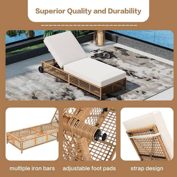 Natural Wicker Outdoor Lounge Chair, Patio Chaise Lounge with 5