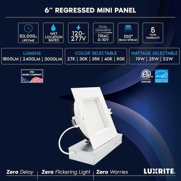 12-pack 6 in. Integrated LED Square Regressed Mini Panel Light, 5CCT 19/25/32W 1800/2400/3000LM Dual Dimmable 100° Beam
