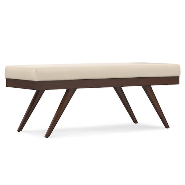 Simpli Home Chanelle 48 in. Wide Mid Century Modern Rectangle Ottoman Bench in Satin Cream Vegan Faux Leather, Assembled
