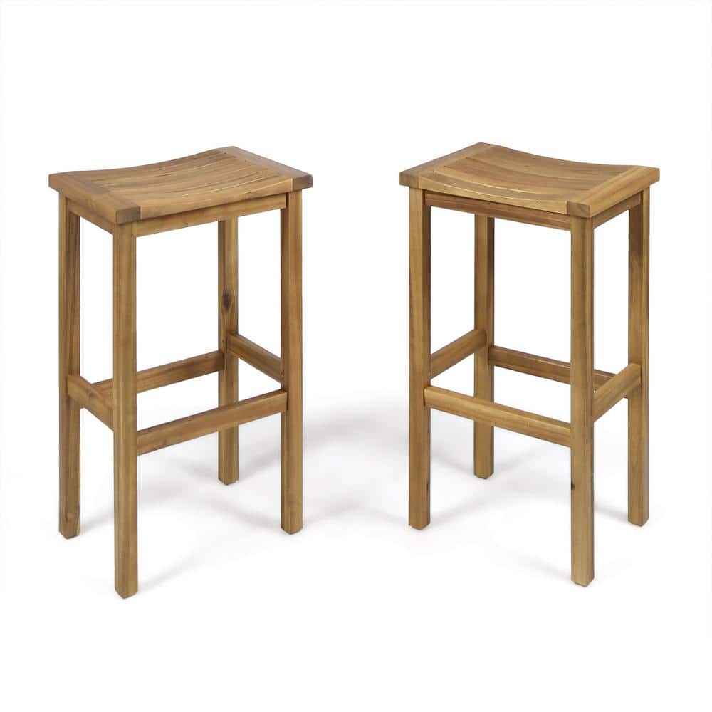 Natural Acacia Wood Saddle Seat Bar Height Stools, Set of 2