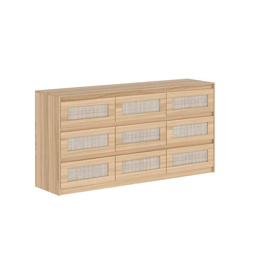 Rattan Wood Finish 9-Drawer 62.9 in. x 15.7 in. x 31.9 in. Dresser, Wooden Chest of Drawers for Bedroom, Living Room - thumbnail 3