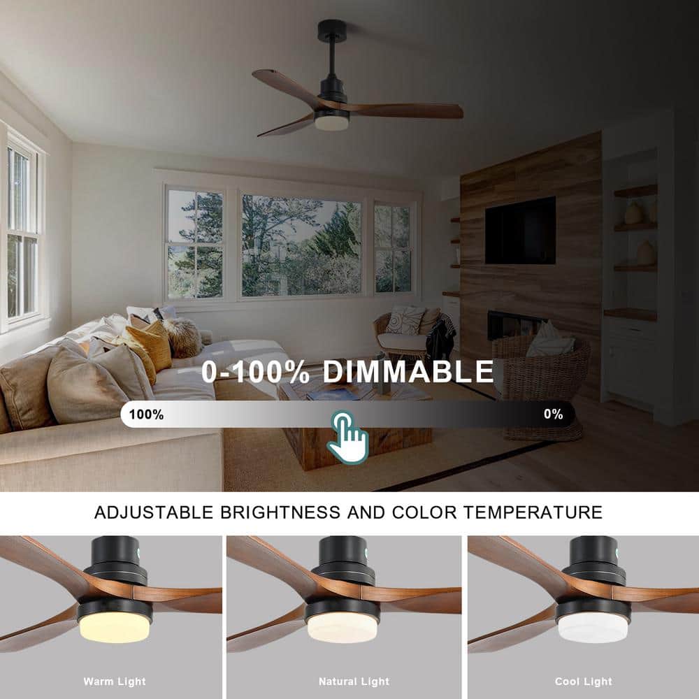 52" Black and Dark Wood-Grain Modern Ceiling Fan with Remote