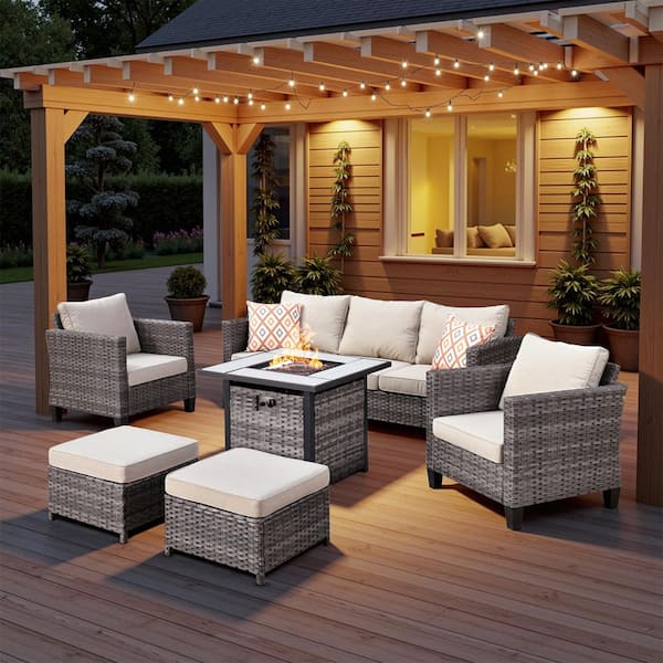 Camden 6-Piece 5-Seat Wicker Outdoor Patio Conversation Set with 50000 BTU Fire Pit Table, Ottoman and Beige Cushion