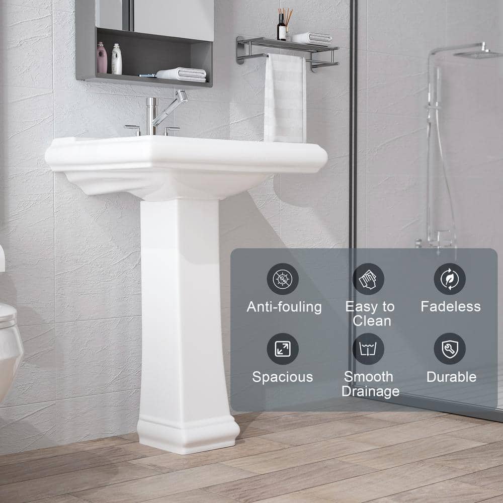 White Rectangular Ceramic Pedestal Sink with Overflow