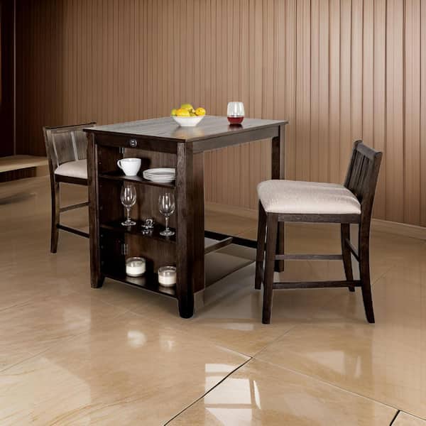 Benjara Lessi 3-Piece Counter Height Cherry Brown Wood Top Bar Table Set (Seats 3)