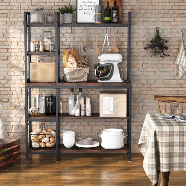 Tribesigns Way to Origin Bachel Rustic Brown 5-Tier Kitchen Bakers Racks with Hooks and Hutch, Balcony Plant Stand, Office Display Organization.