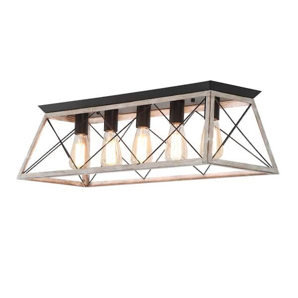 UMEILUCE 31.5 in. 5-Lights Oka White Retro Metal Flush Mount for Living Room Dining Room with E26 Bulb Base