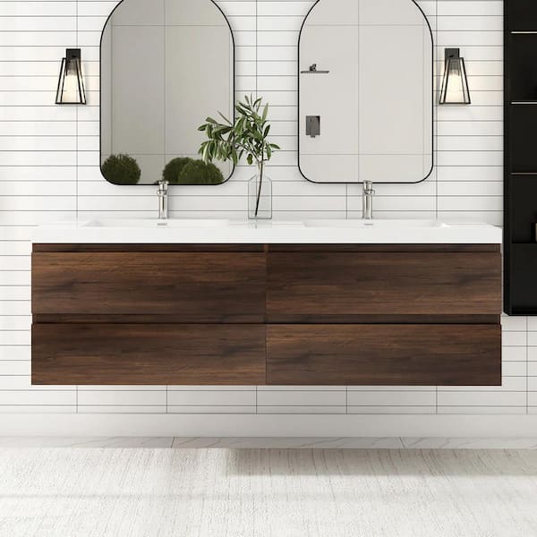 JimsMaison 72 in. W x 19.5 in. D x 20.5 in. H Double Sinks Wall-Mounted Bath Vanity in Rose Wood with White Cultured Marble Top