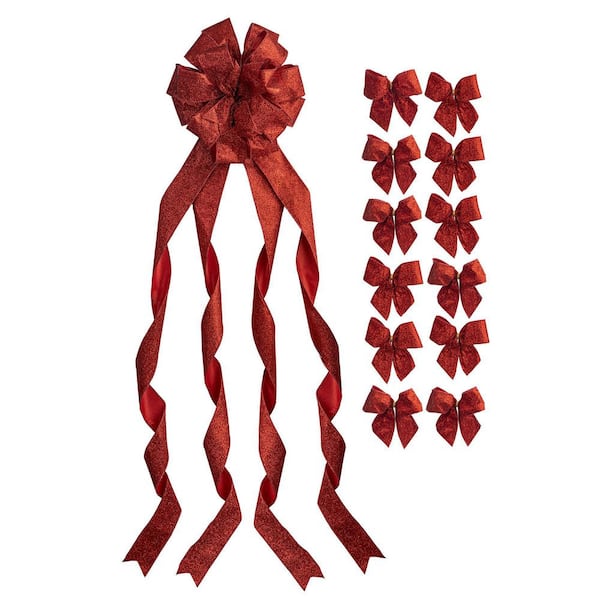 NEW TRADITIONS SIMPLIFY YOUR HOLIDAY Large Red Glitter Ribbon Christmas Tree Topper Bow and 12 Mini Bows (13-Pieces)