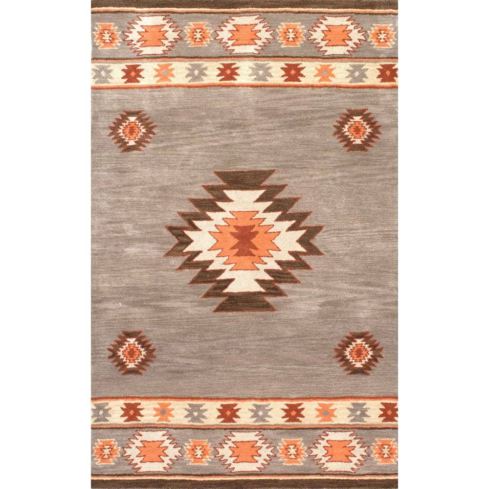 Handmade Tufted Wool Sage and Orange Aztec Rug