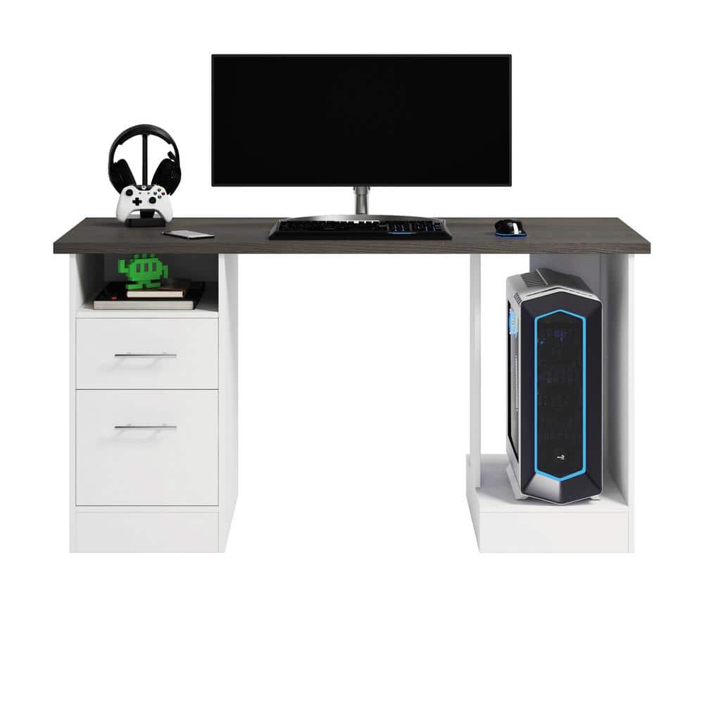 Versatile White Gaming Desk with Charcoal Ash Accents and Headphone Hook