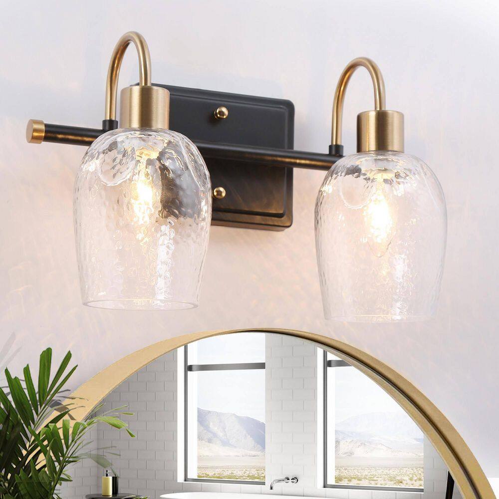 14 in. 2-Light Black and Brass Gold Bathroom Vanity Light, Hammer Glass Bath Lighting, Modern Wall Sconce for Mirrors price history on PriceWatchPro