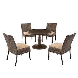 Windsor 5-Piece Brown Wicker Round Outdoor Patio Dining Set with CushionGuard Toffee Trellis Tan Cushions